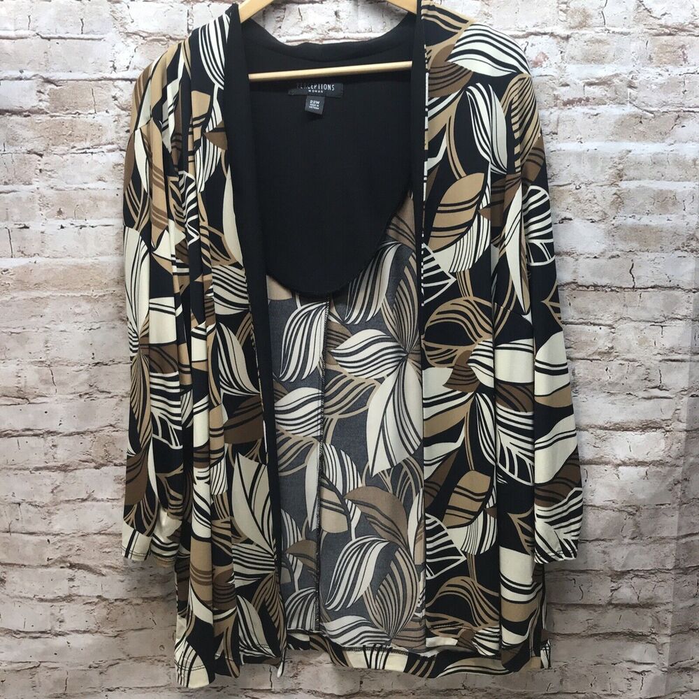 Perceptions Womens Cardigan Size 22W Floral Monochromatic Plus Black Brown Tan